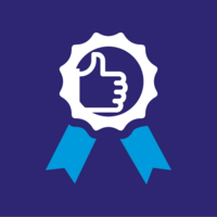 Auszeichnungssymbol mit Daumen-hoch-Icon und blauen Bändern auf violettem Hintergrund – Qualitätssiegel, Zertifikat, Gütesiegel