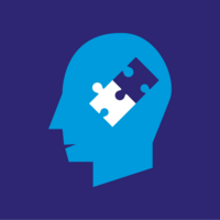 Blaue Kopf-Silhouette im Profil mit Puzzle-Teilen im Gehirn-Bereich, türkis-violetter Farbverlauf-Hintergrund